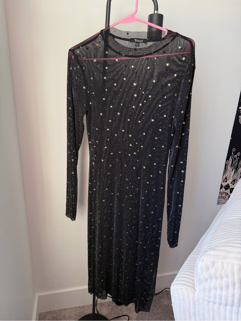 Trixxi Black Sheer Mesh Long Sleeve Dress with Gold Star Print